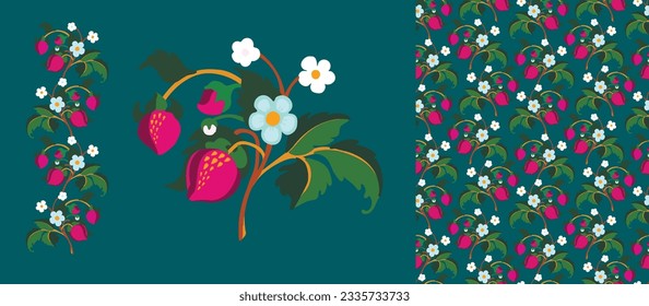 Strawberries with fruits and flowers on a colored background . Vector illustration for banners, postcards, flyers, wallpapers for social networks, textiles, tablecloths. Floral ornamental pattern.