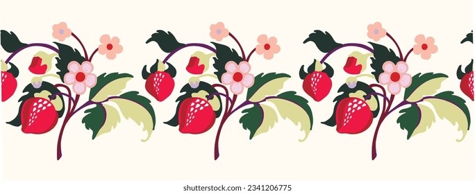 Strawberries with fruits and flowers on a colored background. Floral ornamental pattern. Vector illustration for banners, postcards, flyers, wallpapers for social networks, textiles, tablecloths.