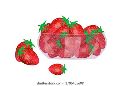 Strawberries in glass bowl isolated on white background. Beautiful juicy berries in deep dish plate. Heap of ripe strawberries. Kitchenware design element. Bountiful harvest. Stock vector illustration