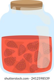 Strawberries in a glass jar with red jam or compote. Preserved fruits, homemade preserves illustration. Food storage, jam making vector illustration.