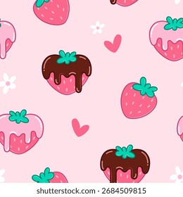 Erdbeeren in Glasur und Schokolade nahtloses Muster, Hintergrund. Einfache süße Kawaii Cartoon Stil Illustration