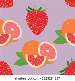 Strawberries and grapefruit. Fruits pattern vector.