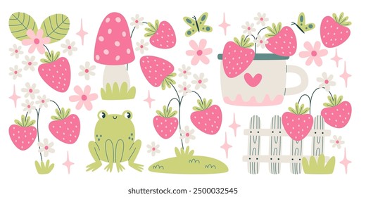 Strawberries with green leaves and flowers for tea brewing cartoon decorative fairy tale set. Cute frog and mug with aromatic beverage design. Teahouse and shop market drawing elements collection