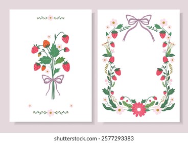 Strawberries greeting cards, invitation with coquette frame, bouquet and bows, vintage style