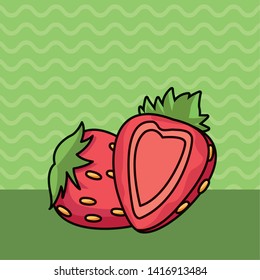 Strawberries half cut fruits cartoon on green striped background vector illustration graphic design