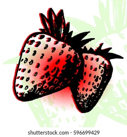 Strawberries Hand Drawn Graphic Vector Design. Black On Red Gradient. Light Background. EPS 10.