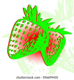 Strawberries Hand Drawn Graphic Vector Design. Green On Red Gradient. Light Background. EPS 10.