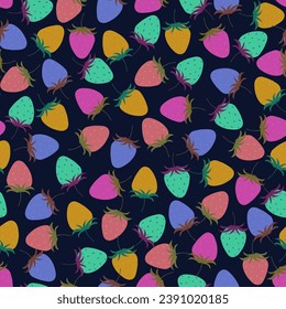Strawberries hand drawn seamless pattern on dark blue background.