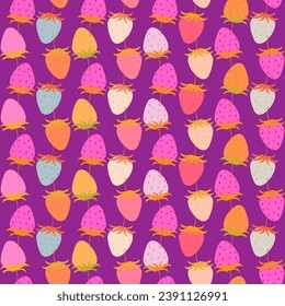 Strawberries hand drawn seamless pattern. Colorfulberries on violet background.
