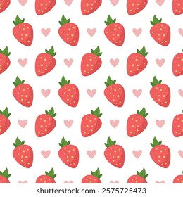 Strawberries and hearts cartoon seamless pattern. Cute sweet summer background with berries.