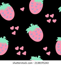 strawberries and hearts seamless pattern hand drawn in cartoon flat style. 