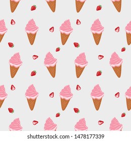 The strawberries ice cream cone seamless vector.