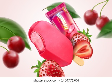 Strawberries ice cream popsicle and packaging. Realistic 3D vector illustration. Fresh strawberry, red berry. Free space for your texts and branding.