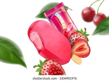 Strawberries ice cream popsicle and packaging. Realistic 3D vector illustration. Fresh strawberry, red berry. Free space for your texts and branding.