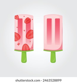 Strawberries ice cream set.  Berry popsicle on a green stick with strawberries pieces. Summer cold dessert,  berry ice. Vector illustration EPS 10