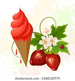 Strawberries and ice cream.Vector illustration with strawberries and ice cream on a colored background.