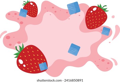 Strawberries and ice cubes on pink milk splash. Fresh fruit with frozen elements, summer beverage. Delicious smoothie ingredients, healthy drink concept vector illustration.
