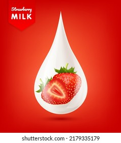 Strawberries inside milk droplets white realistic shiny. Cream yogurt drop falling with beautiful reflection. Isolated on red background. Used for nutrition products your design. 3d vector EPS10.