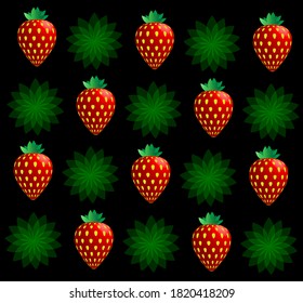 Strawberries isolated on black background. Design template for fabric, print, clothing,  wrap and more. 