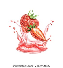 Fresas y jugo salpica la acuarela. Bayas enteras y medias. Ilustración vectorial. Para tarjetas, menús, carteles, portadas, Anuncios, etiquetas de bebidas, cosméticos.