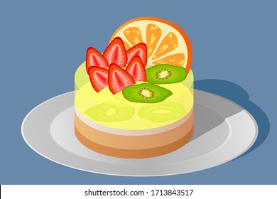 Strawberries, kiwi and orange on a dessert are on a plate with a blue background