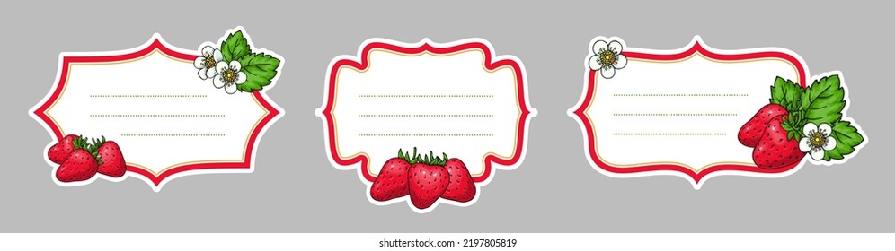 Etikettenset Erdbeeren. hausgemachtes Erdbeerpapier-Etikettenaufkleber. Retro formen Ziermarkenrahmen, Deckeninsignien. Bauern vermarkten mit Beeren für handwerkliche Verpackungen von Marmelade, Saft, Marmelade