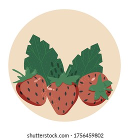 Strawberries and leaves are arranged in a circle. Emblem, logo, composition for decoration. Vector illustration.