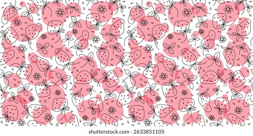 Strawberries, leaves, flowers. Pattern. Line icons, doodle, hand drawn, sketch. Berries, summer plant background. Natural vegetarian food, farm harvest. 