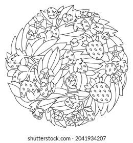 Strawberries with leaves and flowers. Vector linear drawing.