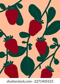 Erdbeeren und Blätter Muster auf rosafarbenem Hintergrund, Vektorgrafik, ästhetisch für Tapeten, Tapeten, Vorlagenüberzüge, Kunstdrucke