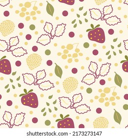 Fresas y hojas sin fisuras en forma de doodle