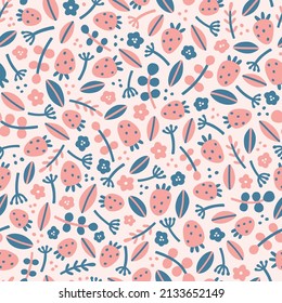 Strawberries and leaves. Vector seamless pattern