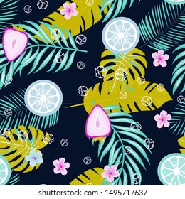 Strawberries, lemon, lime, ice cubes, tropical leaves seamless pattern. Exotic berry leaf background.