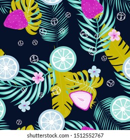 Strawberries, lemon, lime, ice cubes, tropical leaves seamless pattern. Exotic berry leaf background.