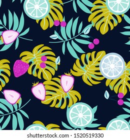 Strawberries, lemon, lime, ice cubes, tropical leaves seamless pattern. Exotic berry leaf background.