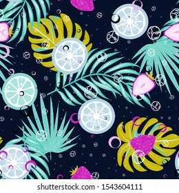 Strawberries, lemon, lime, ice cubes, tropical leaves seamless pattern. Exotic berry leaf background.