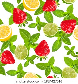 Strawberries, lemon, lime and mint vector seamless pattern