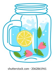 Strawberries and lemon slices in jug, isolated container with fresh purified water, carbonated or still. Vegan and vegetarian refreshment, nutrition and nourishment with vitamins. Vector in flat style