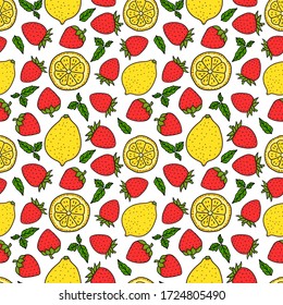 Strawberries and lemons. Yellow and Red colors. Seamless pattern texture. Whole lemon and a round slice. Vector hand drawn illustration Surface design isolated on white background. Drink Ingredients