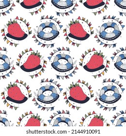 Strawberries and Lifebuoy. Seamless pattern on a white background. Cute vector illustration.