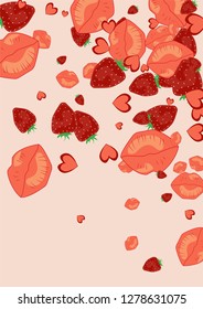 Strawberries, lips and hearts on a pink background. Romantic background with a kiss and a heart. Confetti of lips on Valentine's Day. Card for the day of lovers.
