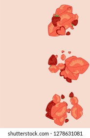 Strawberries, lips and hearts on a pink background. Romantic background with a kiss and a heart. Confetti of lips on Valentine's Day. Card for the day of lovers.