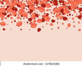 Strawberries, lips and hearts on a pink background. Romantic background with a kiss and a heart. Confetti of lips on Valentine's Day. Card for the day of lovers.