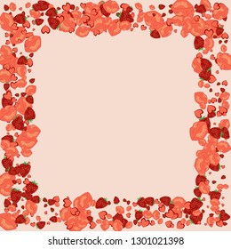 Strawberries, lips and hearts on a pink background. Romantic background with a kiss and a heart. Confetti of lips on Valentine's Day. Card for the day of lovers.