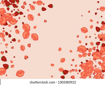Strawberries, lips and hearts on a pink background. Romantic background with a kiss and a heart. Confetti of lips on Valentine's Day. Card for the day of lovers.