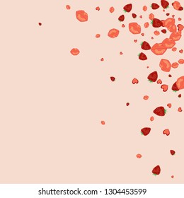 Strawberries, lips and hearts on a pink background. Romantic background with a kiss and a heart. Confetti of lips on Valentine's Day. Card for the day of lovers.