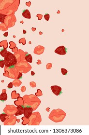 Strawberries, lips and hearts on a pink background. Romantic background with a kiss and a heart. Confetti of lips on Valentine's Day. Card for the day of lovers.