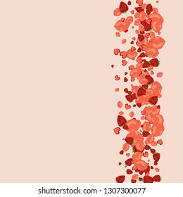 Strawberries, lips and hearts on a pink background. Romantic background with a kiss and a heart. Confetti of lips on Valentine's Day. Card for the day of lovers.