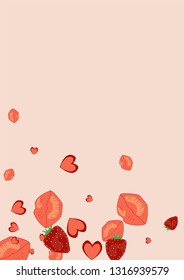 Strawberries, lips and hearts on a pink background. Romantic background with a kiss and a heart. Confetti of lips on Valentine's Day. Card for the day of lovers.