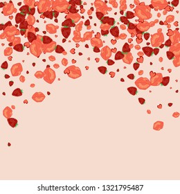 Strawberries, lips and hearts on a pink background. Romantic background with a kiss and a heart. Confetti of lips on Valentine's Day. Card for the day of lovers.